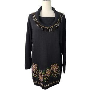 Victoria Jones Black Red  Gold Bling Beads Baubles Vintage Tunic Sweater Dress M